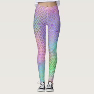 Mermaid Scales Pattern Pastel Rainbow Colours Gold Leggings