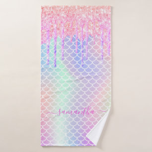 Mermaid scales pink holographic name bath towel
