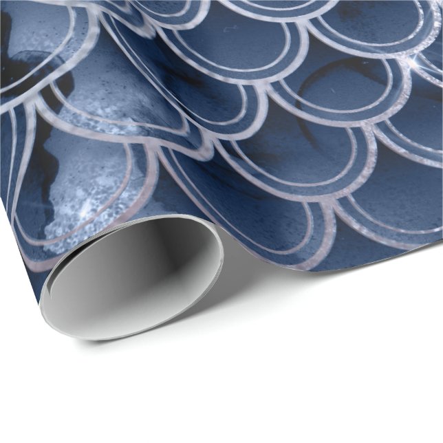 Mermaid Scales Pink Rose Glitter Blue Navy Bridal Wrapping Paper (Roll Corner)