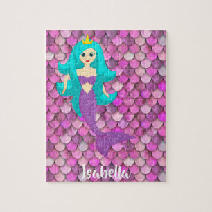 Mermaid scales princess pink purple girl name jigsaw puzzle