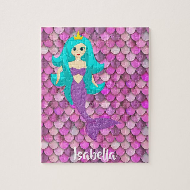 Mermaid scales princess pink purple girl name jigsaw puzzle (Vertical)