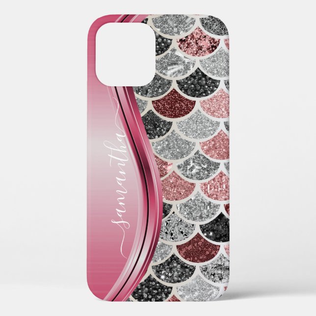 Mermaid Scales Silver Handwritten Name Pink Case-Mate iPhone Case (Back)