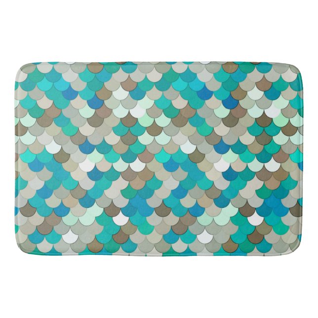 Mermaid Scales, Turquoise, Aqua, Taupe, & Cream Bath Mat (Front)