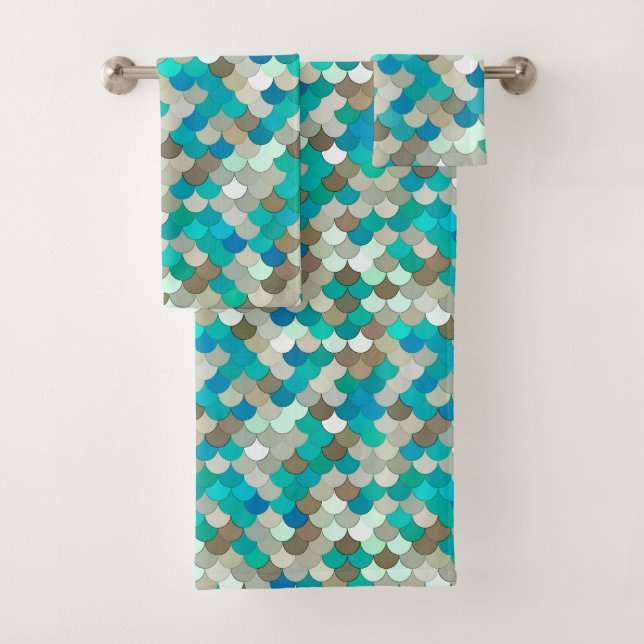 Mermaid Scales, Turquoise, Aqua, Taupe, & Cream Bath Towel Set (Insitu)