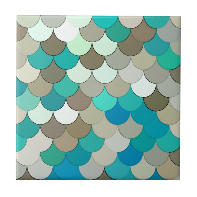 Mermaid Scales, Turquoise, Aqua, Taupe, & Cream Ceramic Tile (Front)