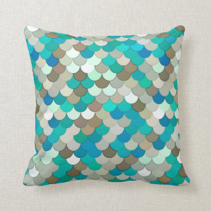 Mermaid Scales, Turquoise, Aqua, Taupe, & Cream Cushion