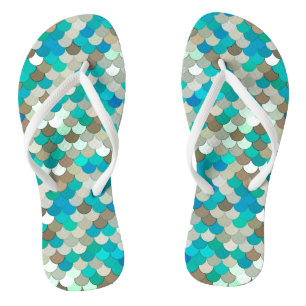 Mermaid Scales, Turquoise, Aqua, Taupe, & Cream Thongs