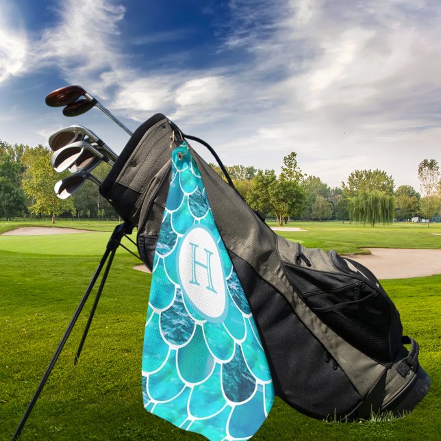 Mermaid scales turquoise green blue name golf towel (Creator Uploaded)