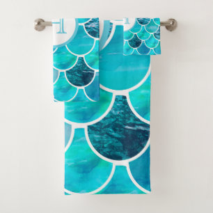 Mermaid scales turquoise mint green blue monogram bath towel set