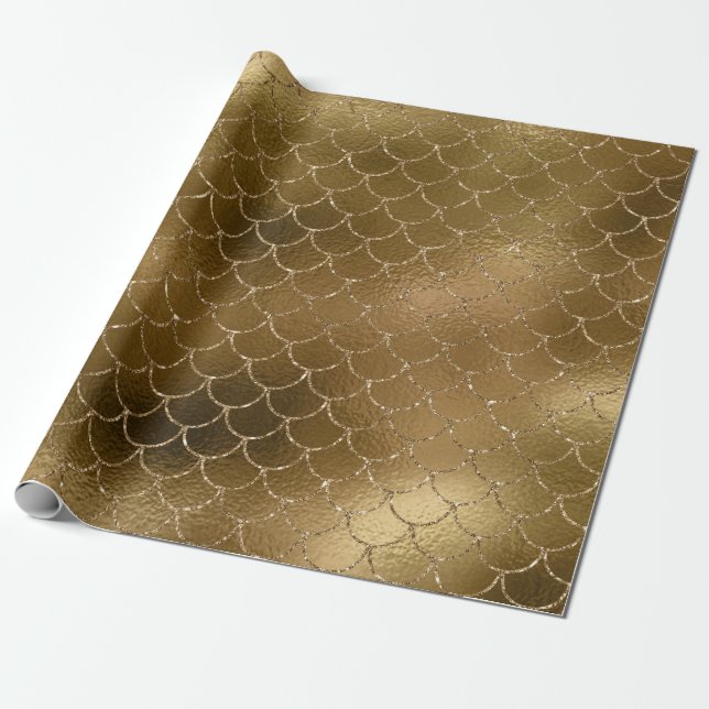 Mermaid Scales Unicorn Metallic Glitter Gold Sepia Wrapping Paper (Unrolled)