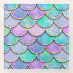 Mermaid scales: watercolor wave pattern. glass coaster
