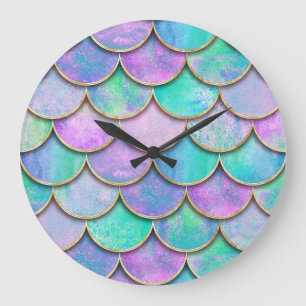 Mermaid scales: watercolor wave pattern. large clock