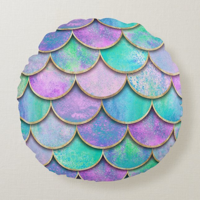 Mermaid scales: watercolor wave pattern. round cushion (Front)