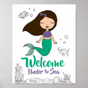 Mermaid Sea Creature Party Black Mermaid Cartoon Poster