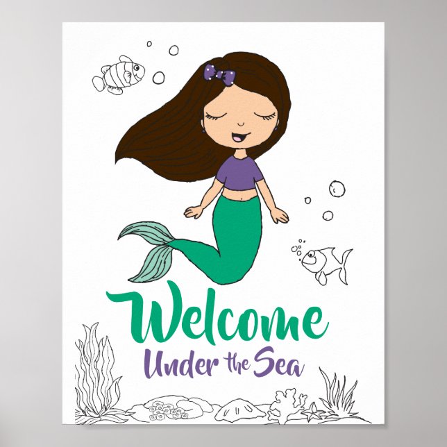 Mermaid Sea Creature Party Black Mermaid Cartoon Poster (Front)