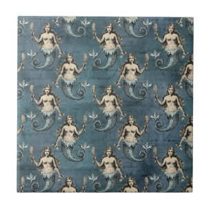 Mermaid Sea Creatures Ocean Blue Colour Handwritte Ceramic Tile