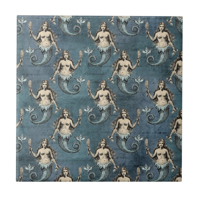 Mermaid Sea Creatures Ocean Blue Colour Handwritte Ceramic Tile (Front)
