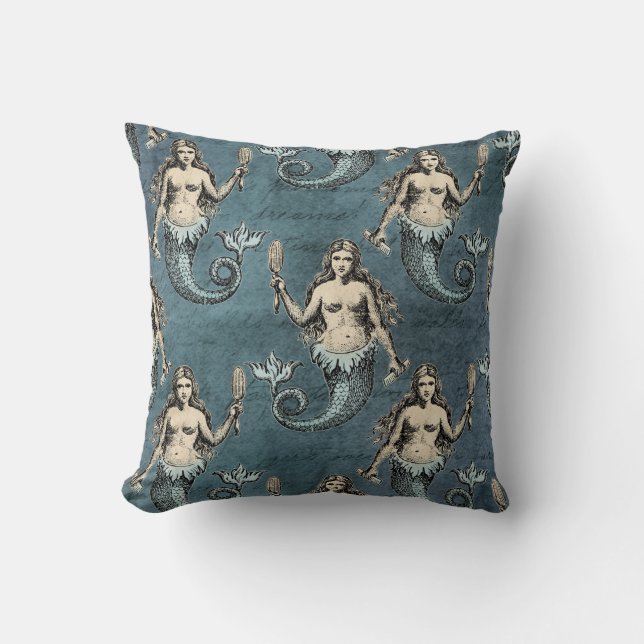 Mermaid Sea Creatures Ocean Blue Colour Handwritte Cushion (Front)