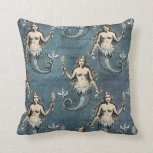 Mermaid Sea Creatures Ocean Blue Colour Handwritte Cushion