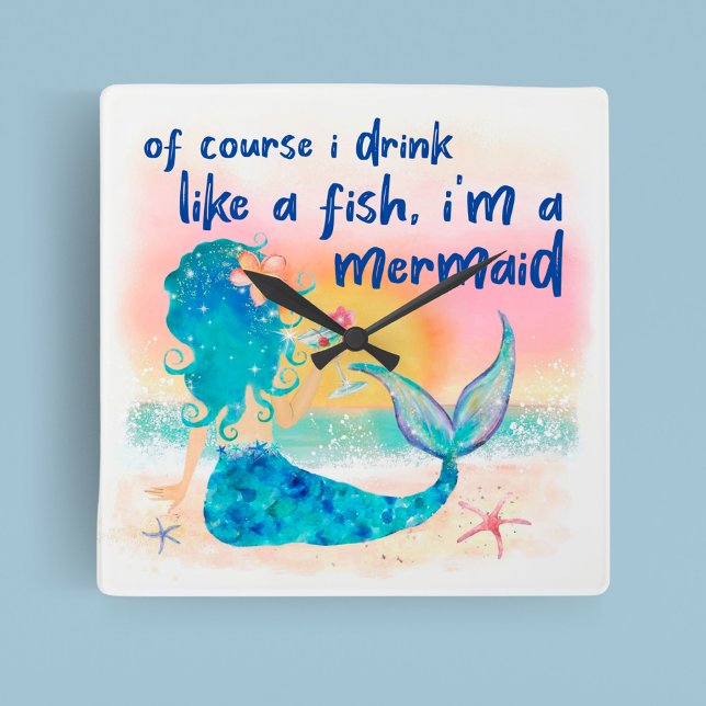 Mermaid Sea | Drink Like A Fish Tropical Beach Square Wall Clock (Creator Uploaded)