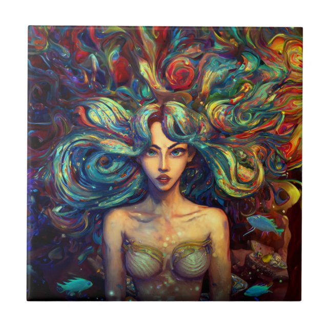 Mermaid Sea Goddess Nymph Siren Underwater Art Ceramic Tile (Front)