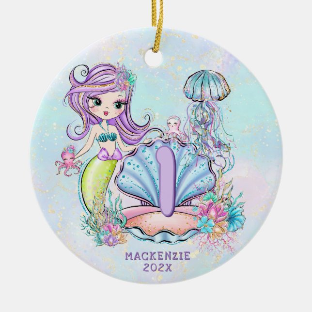 Mermaid Sea Life | Birthday Party with Custom Age Ceramic Ornament (Front)