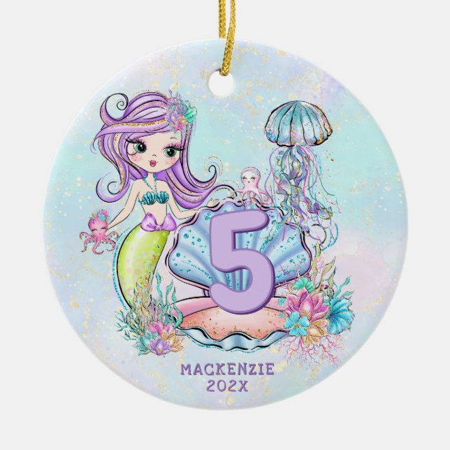 Mermaid Sea Life | Birthday Party with Custom Age Ceramic Ornament (Front)