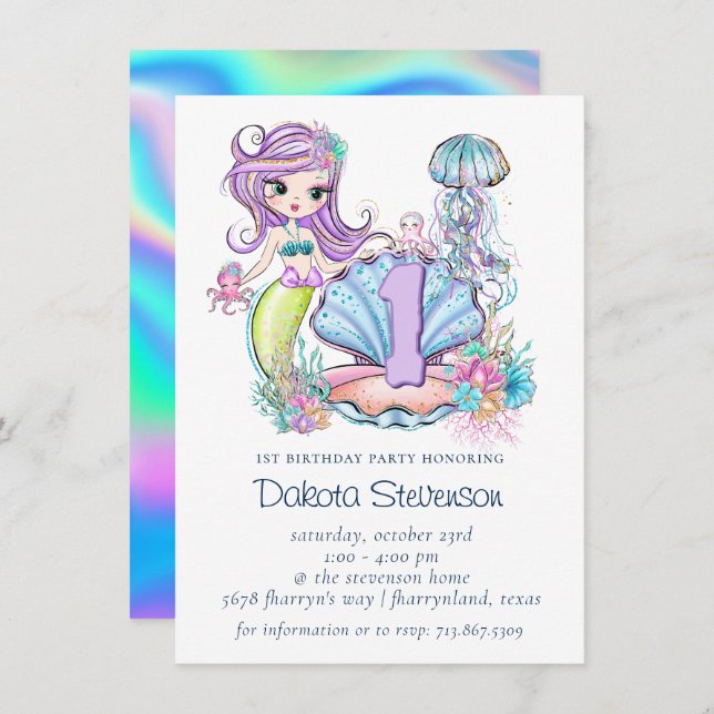 Mermaid Sea Life | Birthday Party with Custom Age Invitation (Front/Back)