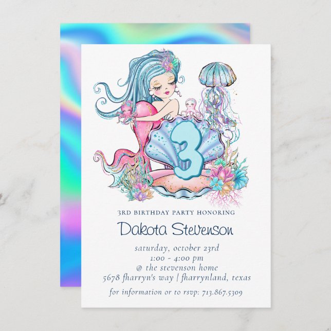 Mermaid Sea Life | Birthday Party with Custom Age Invitation (Front/Back)