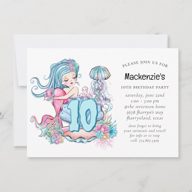 Mermaid Sea Life | Birthday Party with Custom Age Invitation (Front)