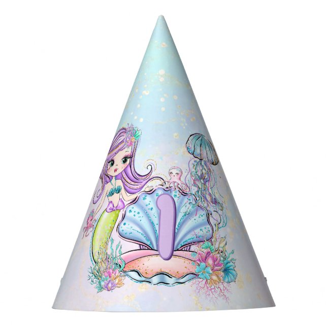 Mermaid Sea Life | Birthday Party with Custom Age Party Hat (Front)