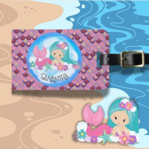 Mermaid Sea Purple Pink Scales Luggage Tag
