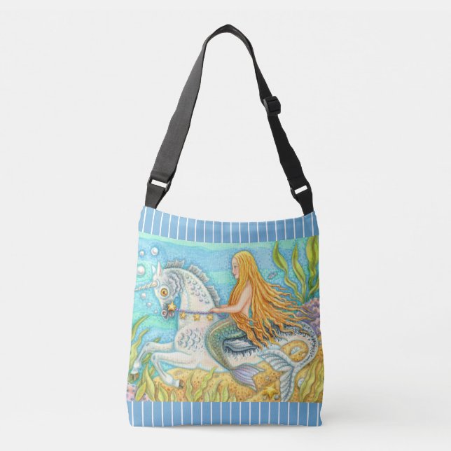 MERMAID & SEA STALLION, WHIMSICAL FANTASY UNICORN CROSSBODY BAG (Front)