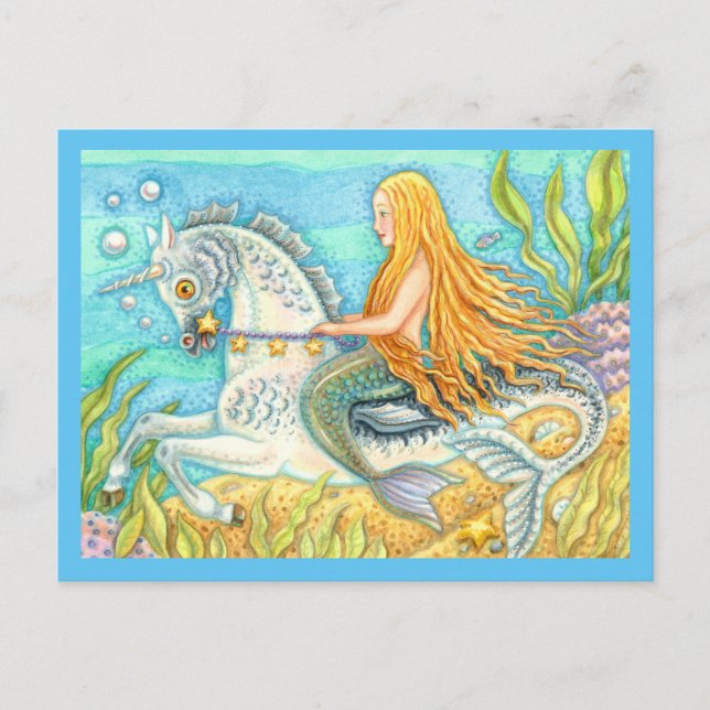 MERMAID & SEA STALLION, WHIMSICAL FANTASY UNICORN POSTCARD (Front)