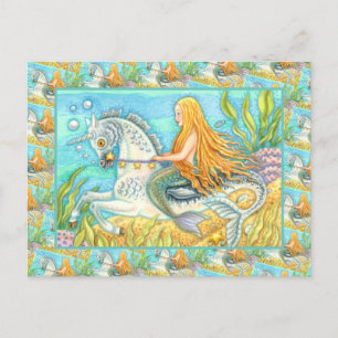 MERMAID & SEA STALLION, WHIMSICAL FANTASY UNICORN POSTCARD