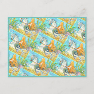 MERMAID & SEA STALLION, WHIMSICAL FANTASY UNICORN POSTCARD
