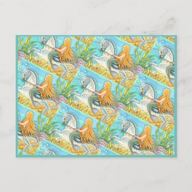 MERMAID & SEA STALLION, WHIMSICAL FANTASY UNICORN POSTCARD (Front)