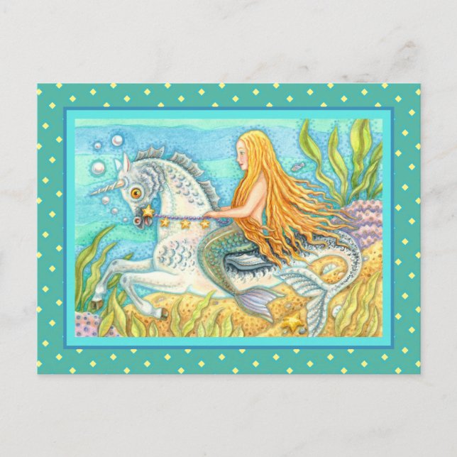 MERMAID & SEA STALLION, WHIMSICAL FANTASY UNICORN POSTCARD (Front)