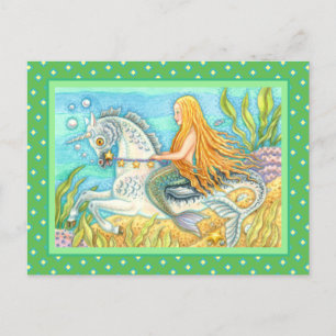 MERMAID & SEA STALLION, WHIMSICAL FANTASY UNICORN POSTCARD