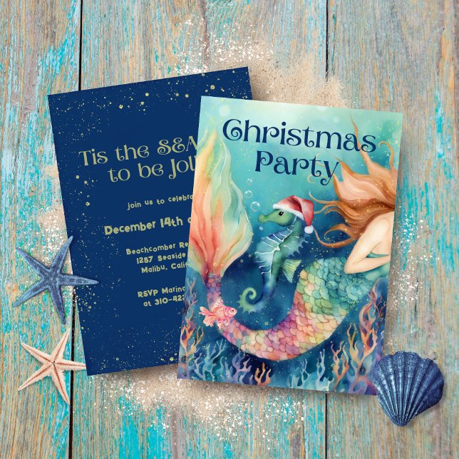 Mermaid Seahorse Santa Nautical Christmas Party Invitation (Creator Uploaded)