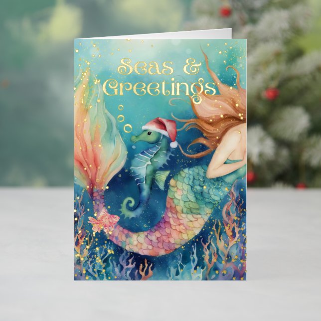 Mermaid Seahorse Santa Sea Nautical Christmas Foil Holiday Card (Holiday In Situ)