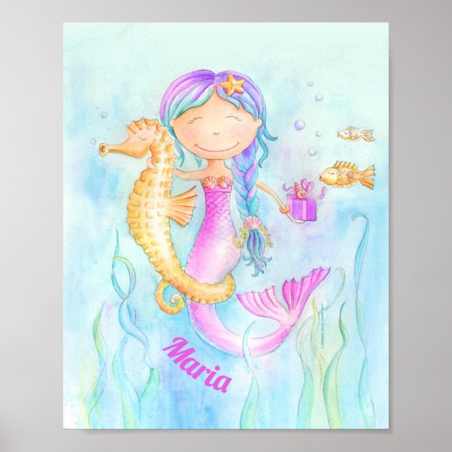 Mermaid seahorse watercolor art custom name poster (Front)