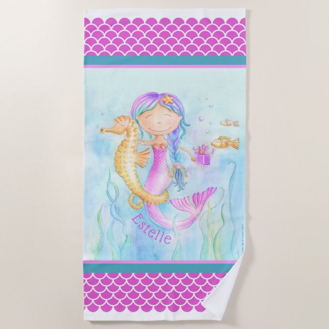 Mermaid seahorse watercolor custom name stripe beach towel (Front)