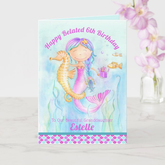 Mermaid seahorse whimsy belated birthday card (Orchid)