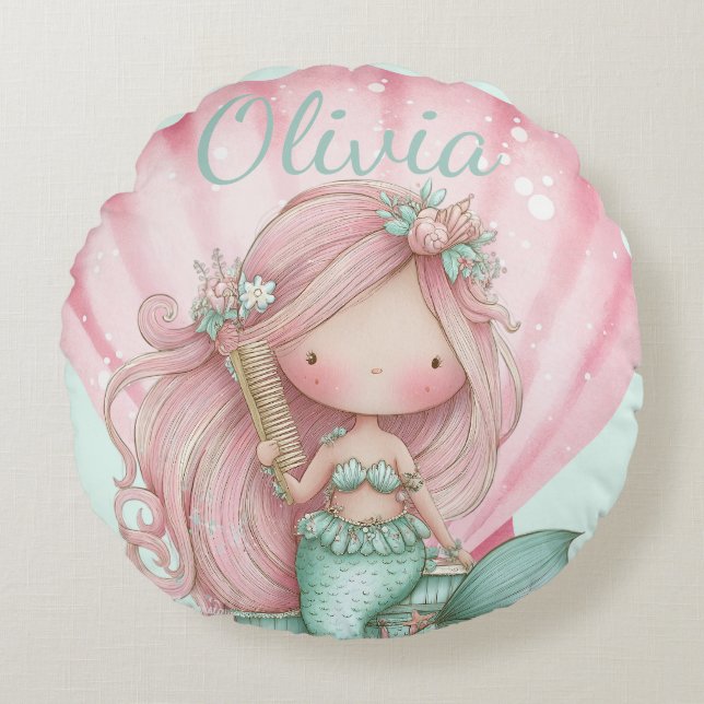Mermaid Seashell Lovers Name  Round Cushion (Front)