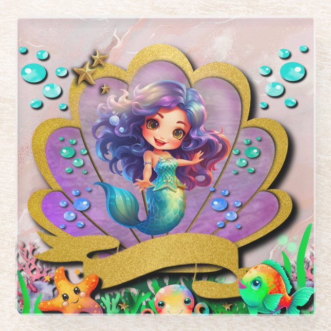 Mermaid, Seashell, Sea Animals Friends, Coral Reef Glass Coaster (Front)