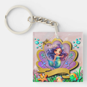 Mermaid, Seashell, Sea Animals Friends, Coral Reef Key Ring
