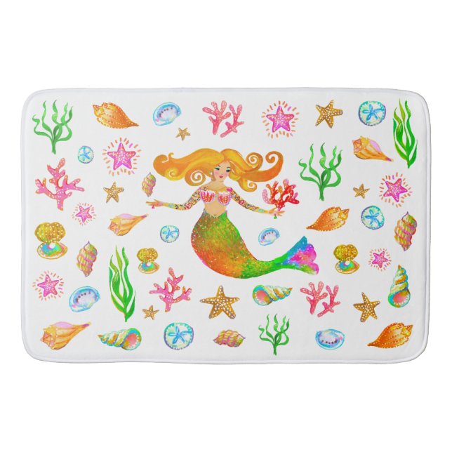 Mermaid & Seashells Beach Vibe Bath Mat (Front)