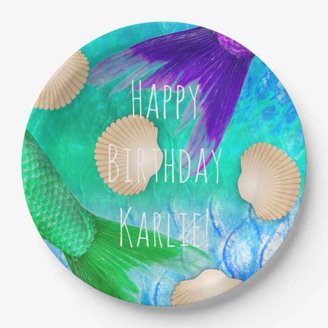 Mermaid Seashells Tails & Scales in Teal Purple Paper Plate (Front)