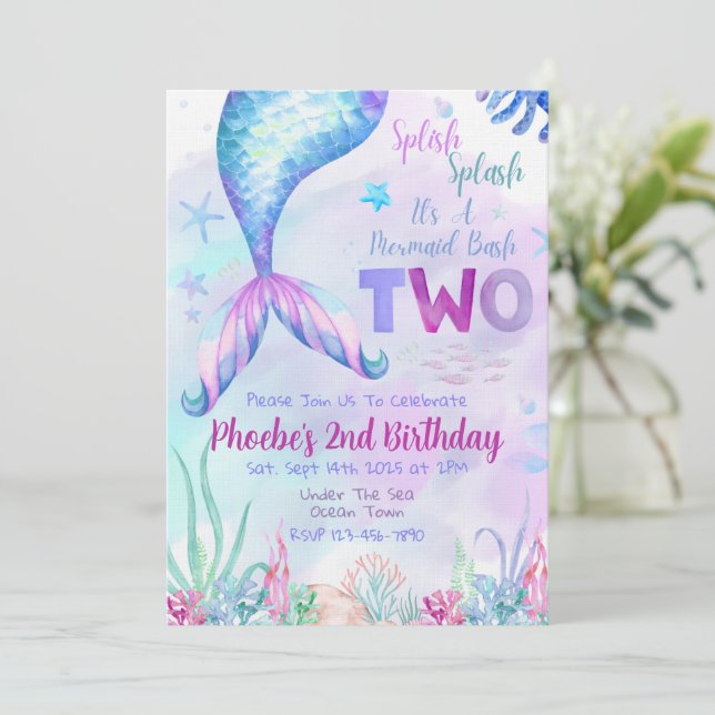 Mermaid Second Two Birthday Party Invitation (Standing Front)